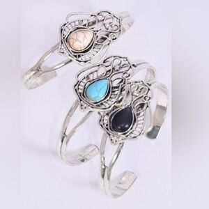 Abstract cuff bracelet in silver metal w blue white or black stone